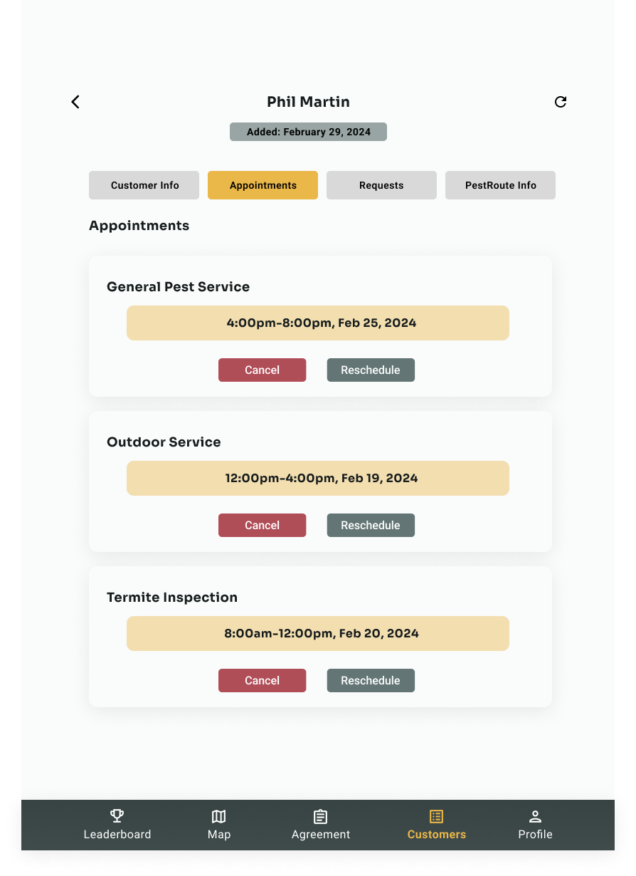 Customer card appointments tab showing scheduled services with cancel and reschedule options
