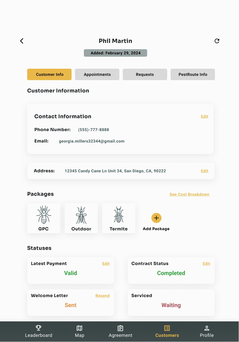 Customer card showing contact information, address, packages, and service statuses