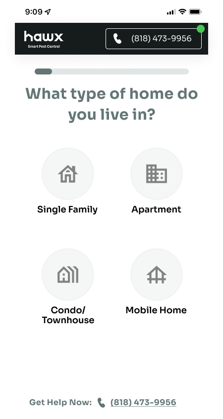 Home type selection with icons for single family, apartment, condo, and mobile home